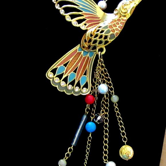 Gold tone enamel, bead & rhinestone hummingbird pendant signed MW - 7" length! - Picture 3 of 12